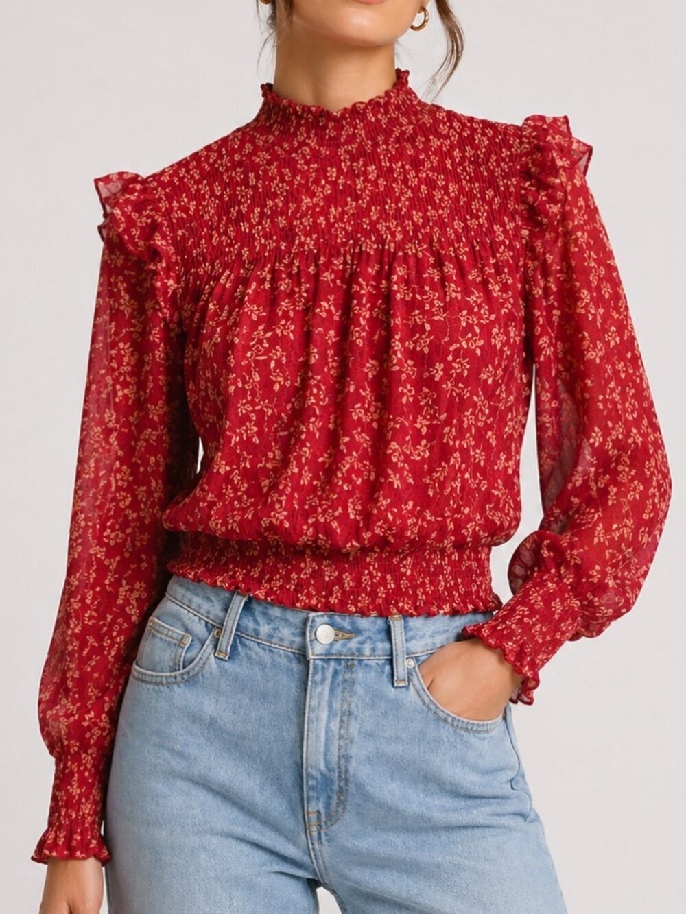 FREE PEOPLE Roma Floral Smocked Long Sleeve Blouse Red Berry XS